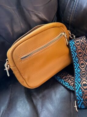 Textured Tan Leather Crossbody with Patterned Strap